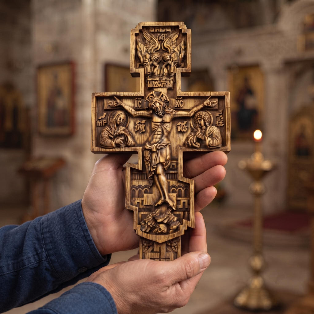 Orthodox Wooden Crucifix, Handcrafted Beech Wood Cross
