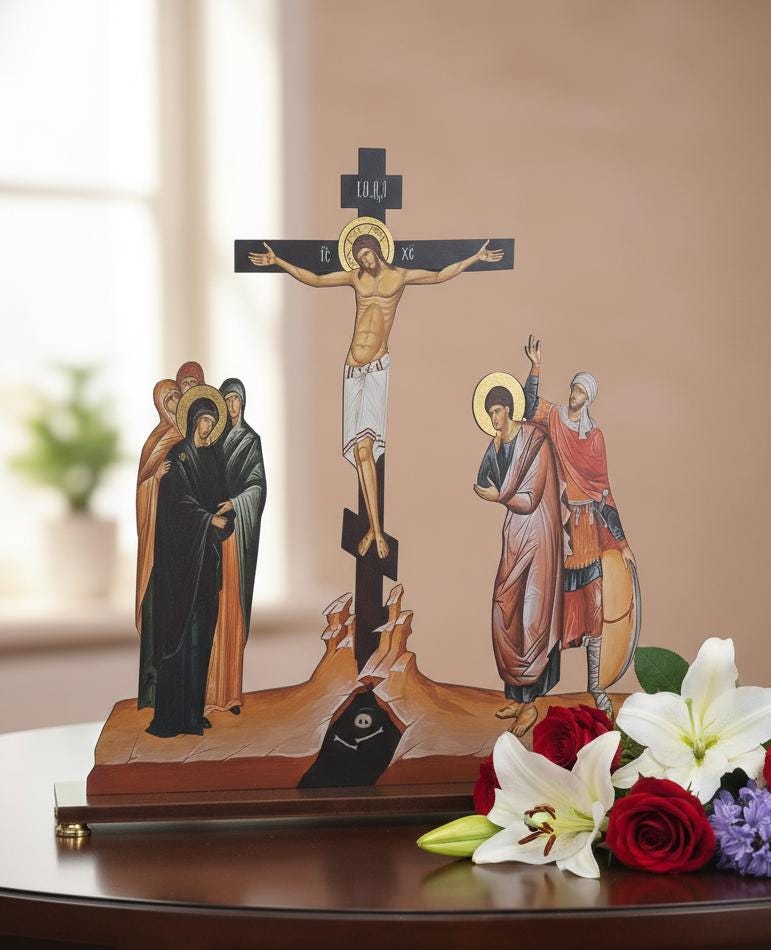 Wooden Golgotha Crucifix 17.7 Inches 1100 Grams, Golgotha Crucifix, Orthodox Crucifix, Jesus Christ Cross, Crucifixion Scene
