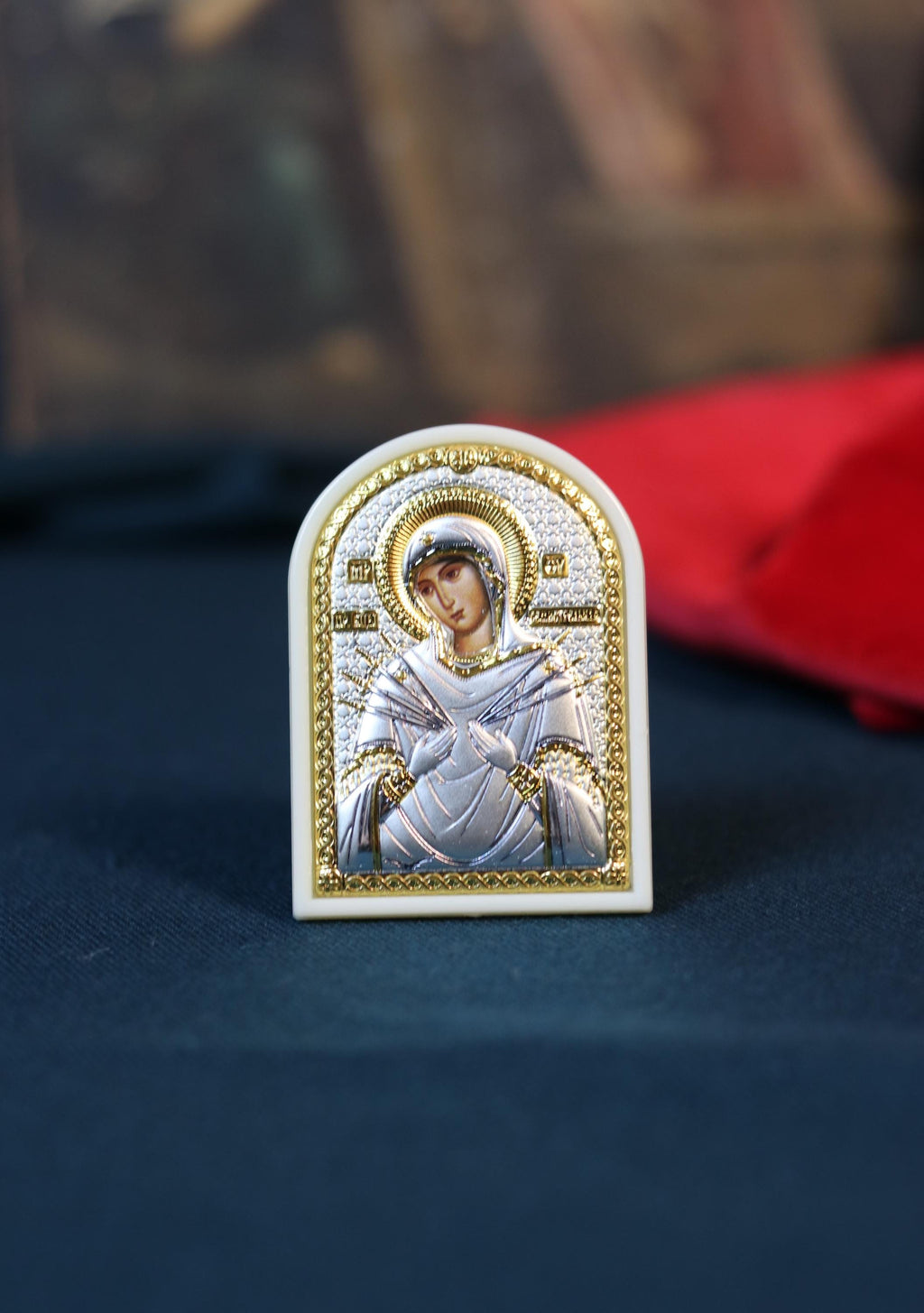 Mini Orthodox Icon of Virgin Mary "Softener of Evil Hearts" – 1.89 x 2.56 in – 925 Silver & Gold – Blessed Travel Icon – Handmade