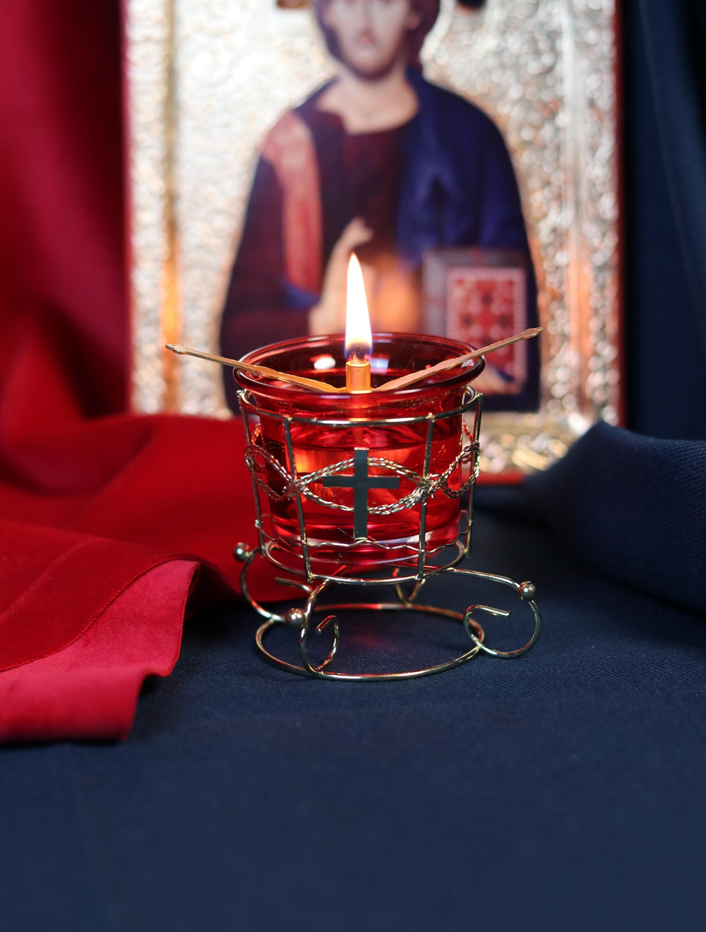 Red Glass Oil Lamp in Metal Stand 2in  – Orthodox Candle Holder for Prayer, Aromatherapy, Altar Decor, Christian Gift, Orthodox prayer