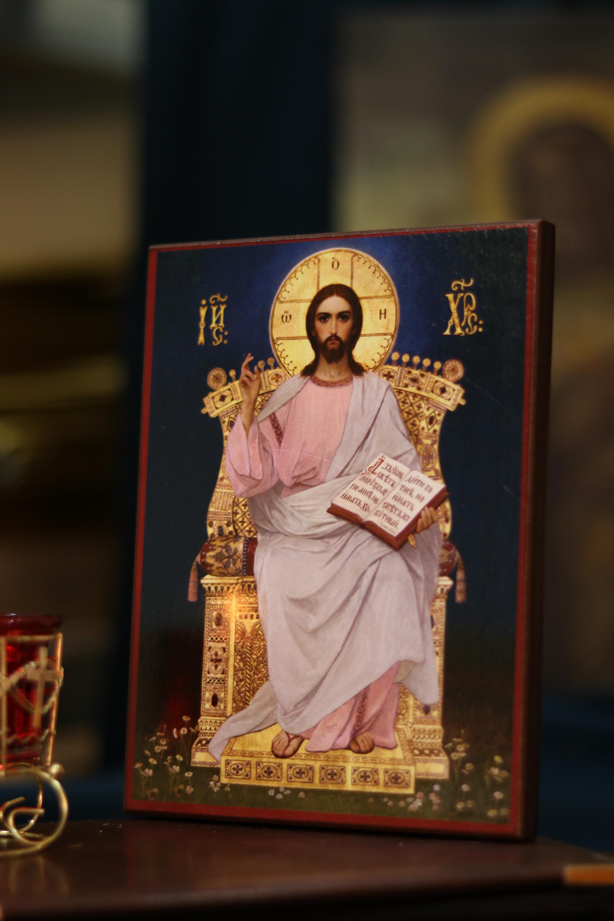 Christ Pantocrator Enthroned Icon Wooden Orthodox 7.9x6.1in
