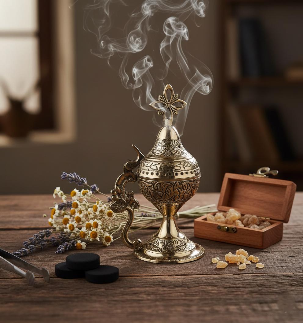 Orthodox Prayer Set: 5.5 in × 3.1 inch gold metal censer, 50 grams of incense, 6 charcoal tablets.