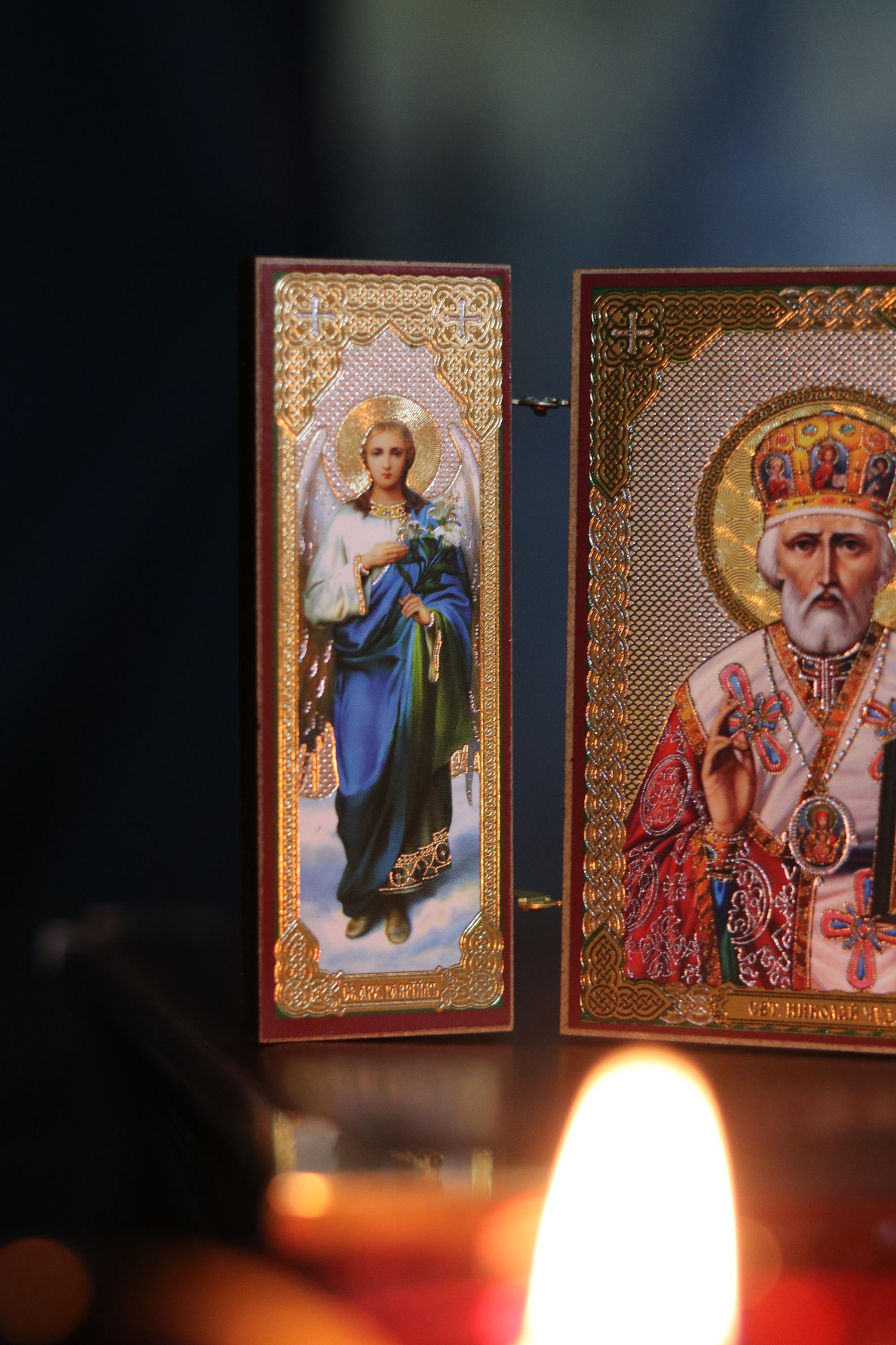 Wooden Orthodox Triptych Icon 3.5in, Saint Nicholas Icon, Travel Folding Icon