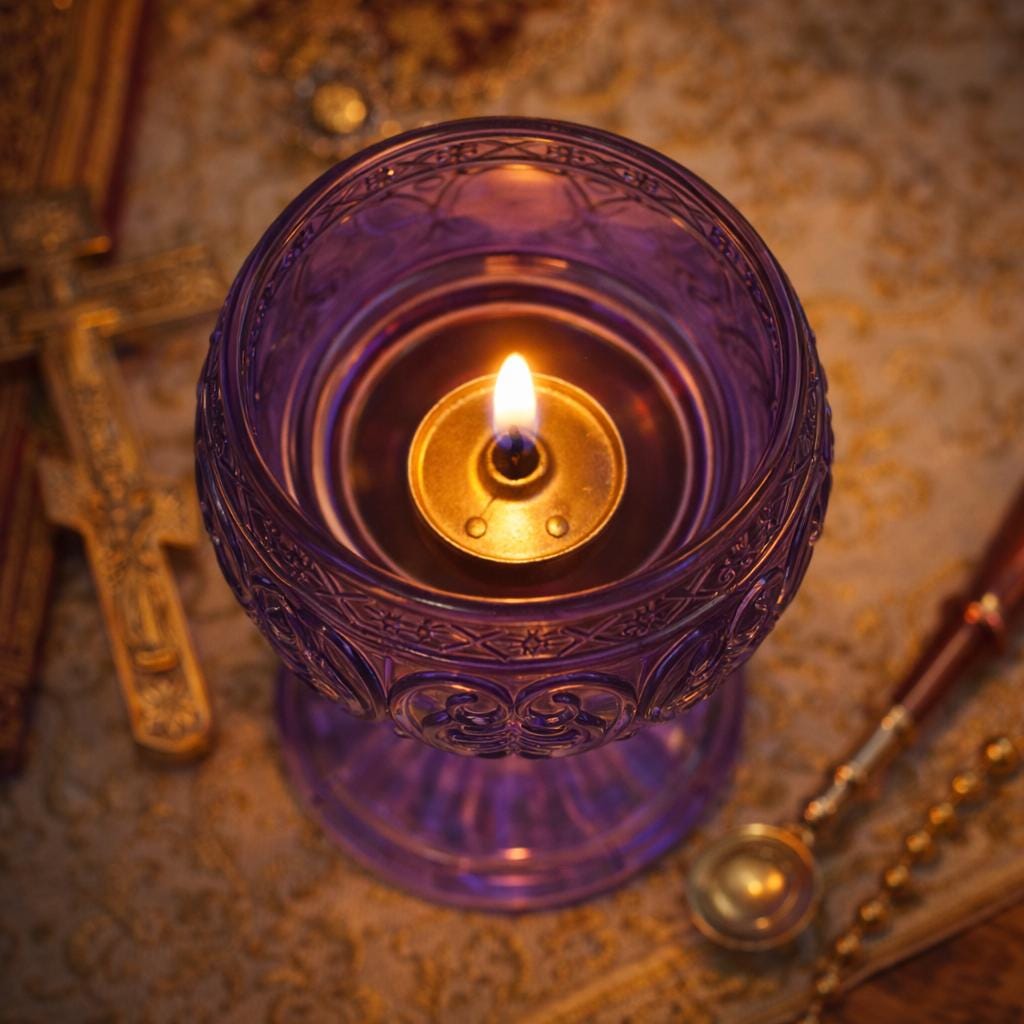 Orthodox Purple Glass Oil Lamp 3.9x2.6 in, Prayer Church Candle Holder