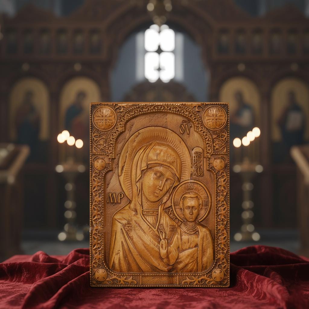 Wooden Icon 18x14 cm, Virgin Mary Icon, Orthodox Icon, God's Mother, Hanging Icon, Christian Wall Decor, Baptism Gift Boy, Godparent Gift