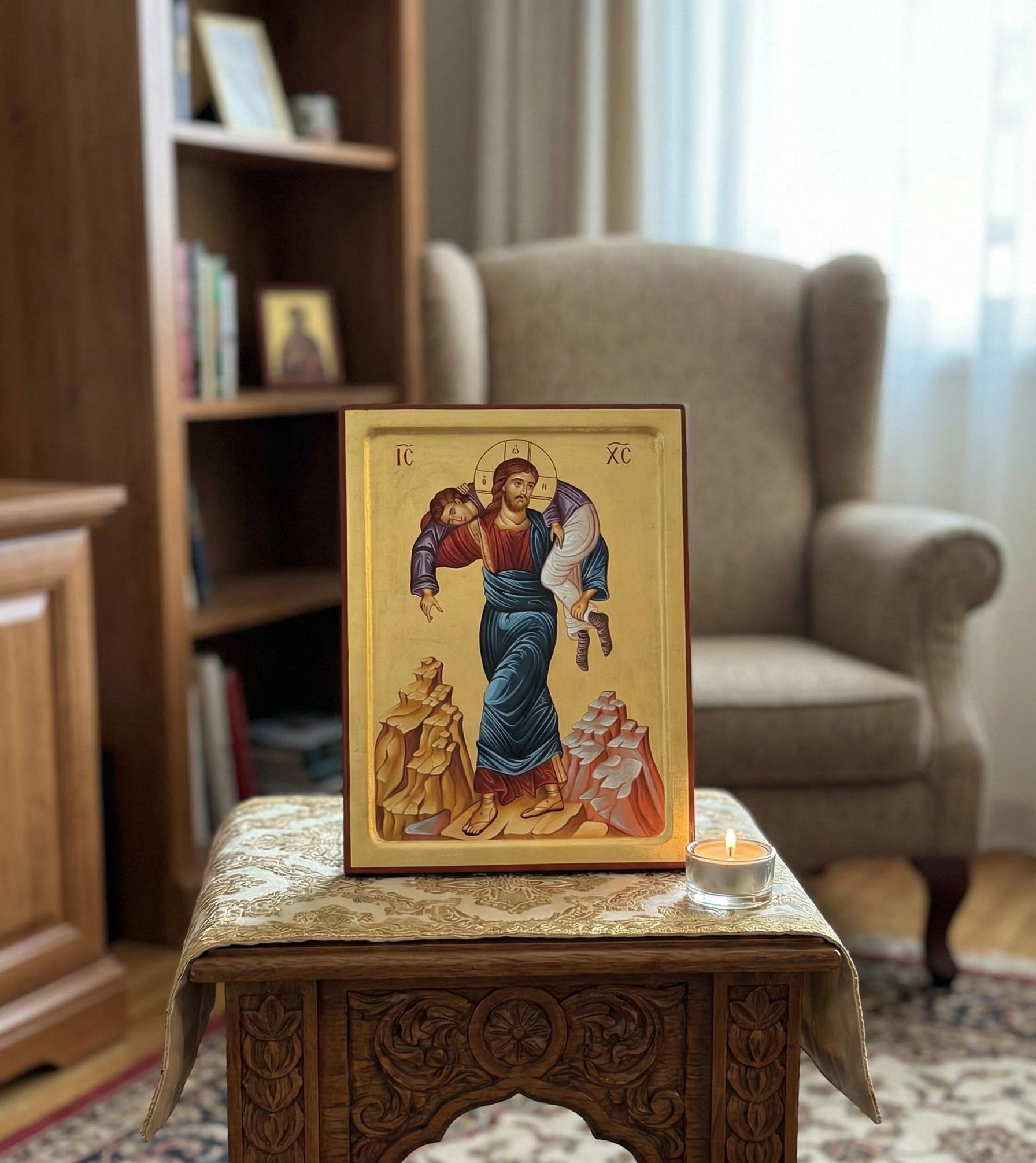 4.7x6.3x0.8 Inches Wooden Orthodox Icon, Jesus Christ Icon, Christ Carrying Man, Religious Wall Art, Christian Decor, Prayer Corner Icon