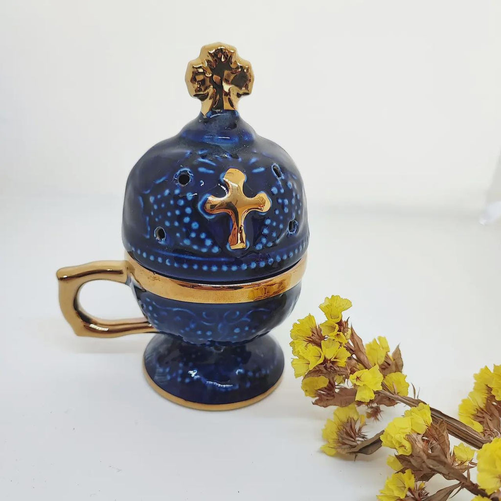 Orthodox Ceramic Incense Blue Burner with Cross 6.3 inches, Christian Incense Holder
