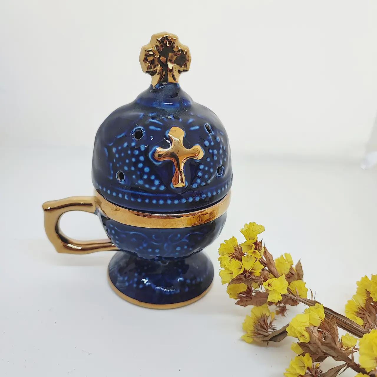 Orthodox Ceramic Incense Blue Burner with Cross 6.3 inches, Christian Incense Holder