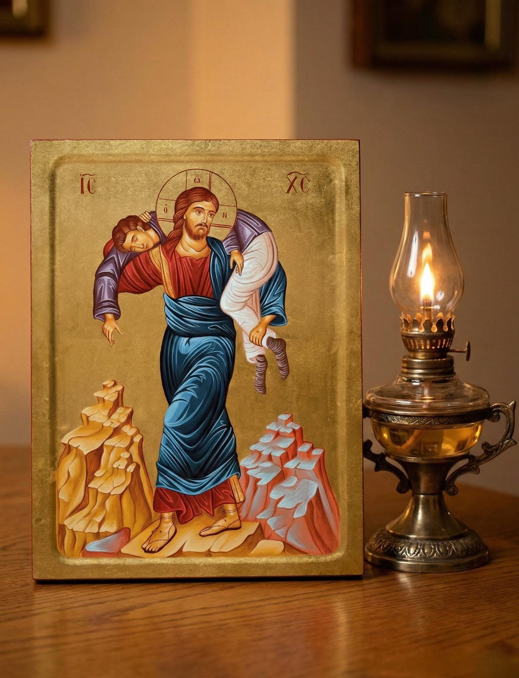 4.7x6.3x0.8 Inches Wooden Orthodox Icon, Jesus Christ Icon, Christ Carrying Man, Religious Wall Art, Christian Decor, Prayer Corner Icon