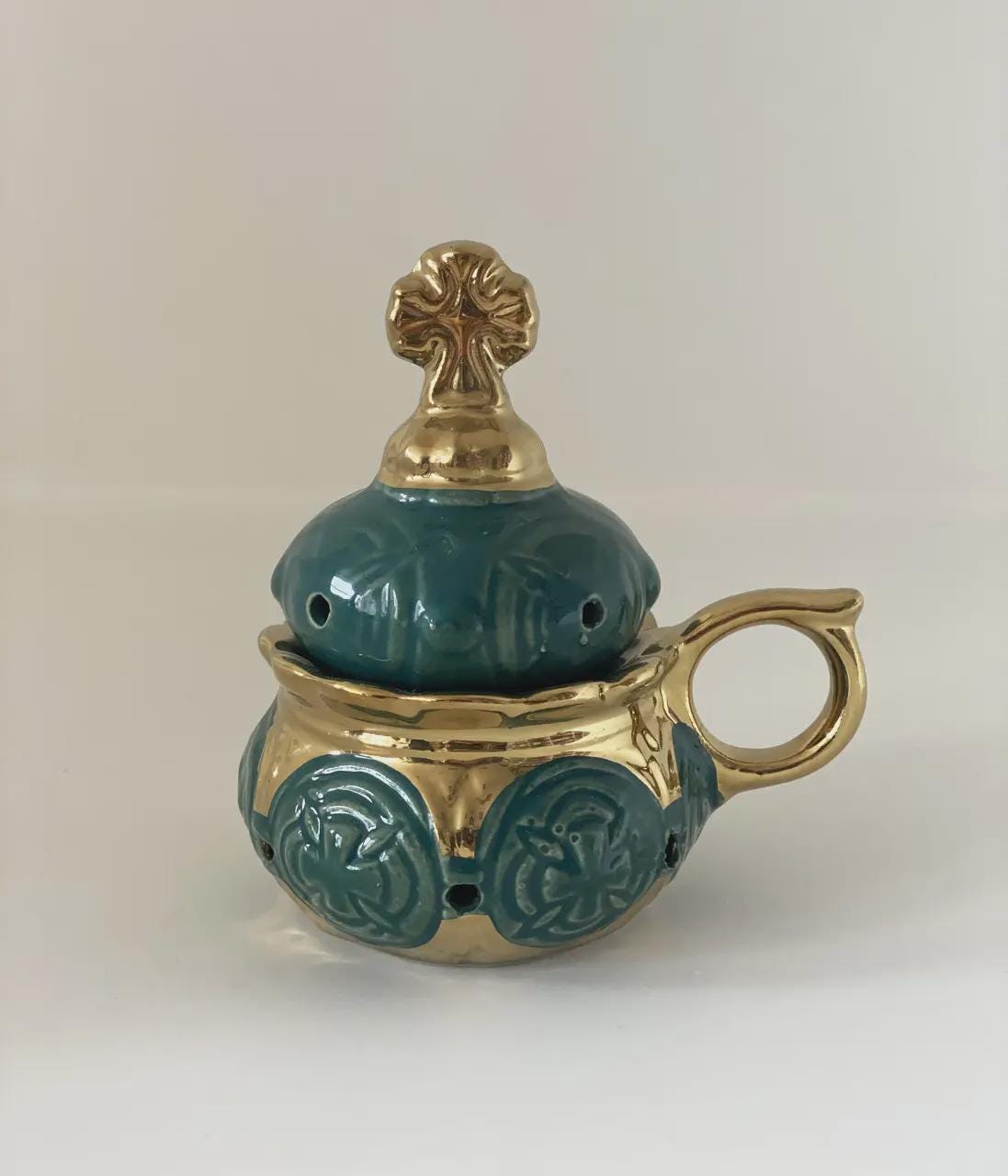 Christian incense set: green ceramic censer, triptych icon, 50 grams of Greek incense, 6 pcs. of coal.
