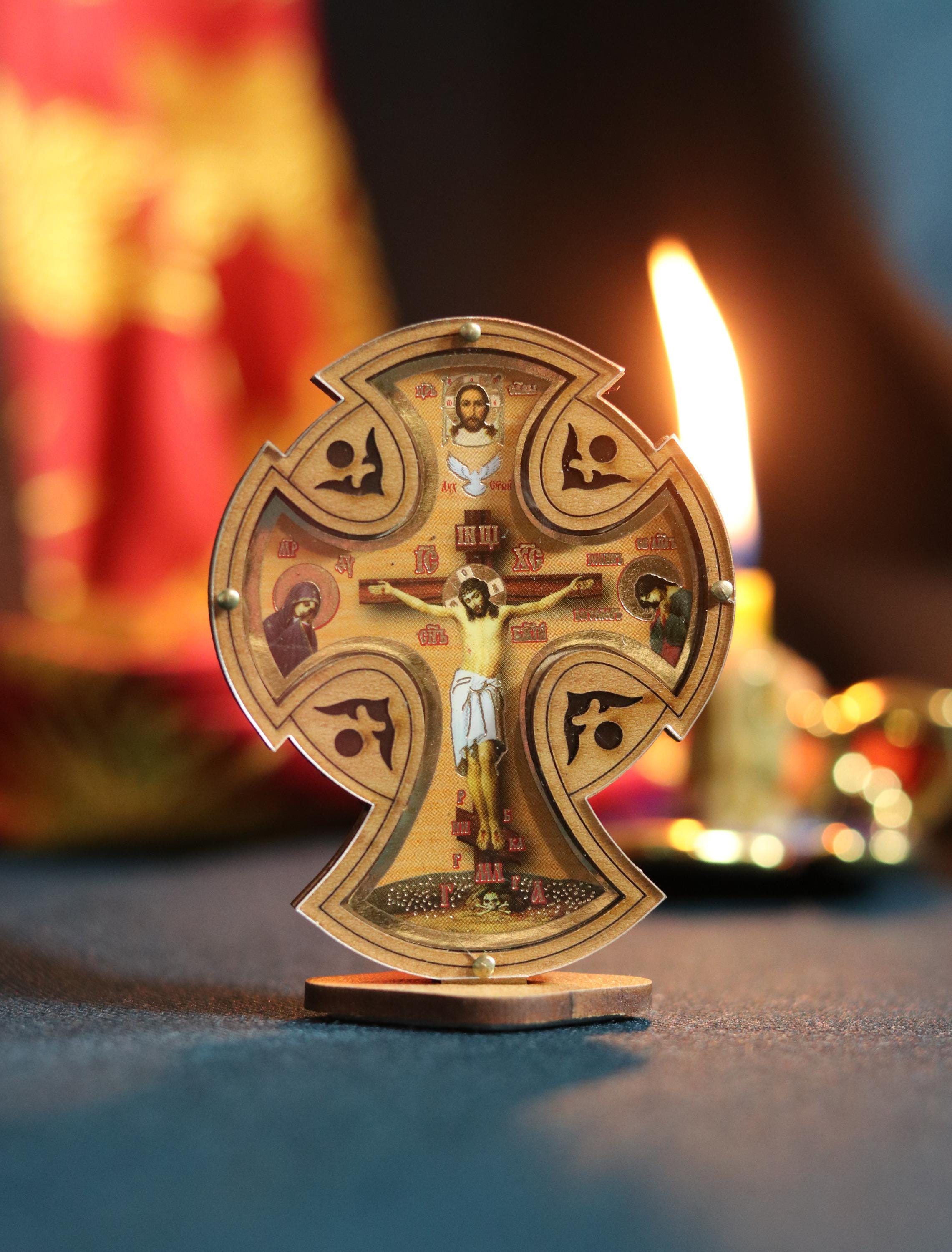 Handmade Wooden Orthodox Cross with Crucifix Icon | Christian Religious Decor | Eastern Orthodox Gift | Tabletop Icon