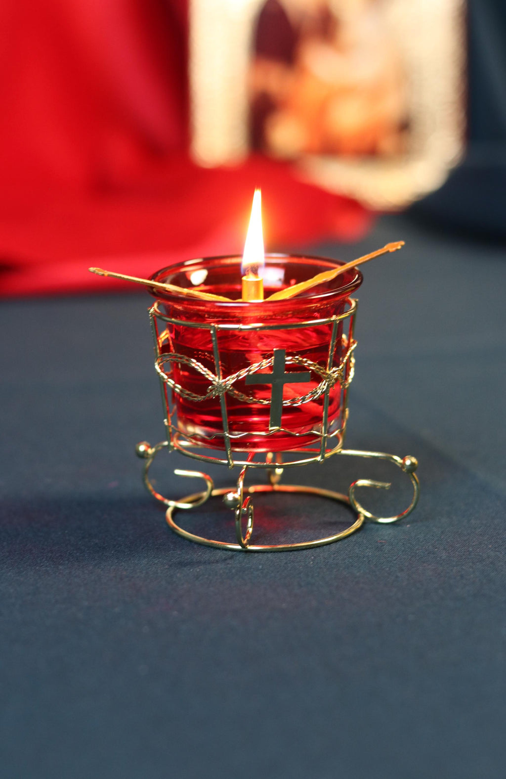 Red Glass Oil Lamp in Metal Stand 2in  – Orthodox Candle Holder for Prayer, Aromatherapy, Altar Decor, Christian Gift, Orthodox prayer