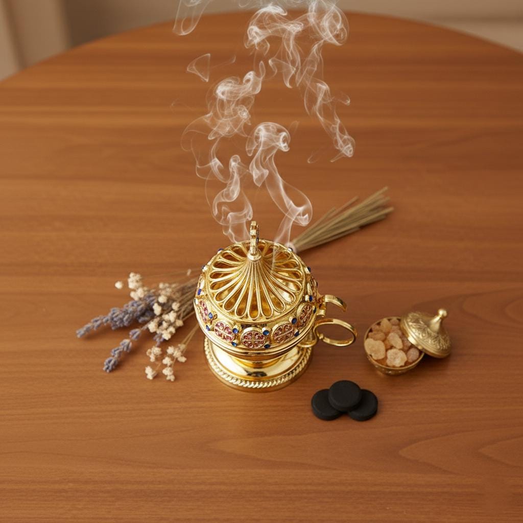 Christian incense set: censer, 50 grams of Greek incense and 6 tablets of charcoal.