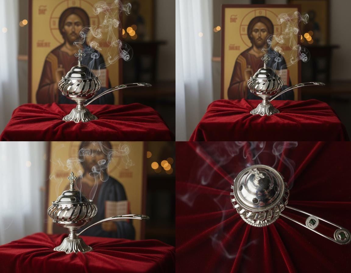 Orthodox Incense Burner Set, Silver Metal Censer 7.4x5.5in, Greek Frankincense, Charcoal Tablets, Christian Prayer Kit, Religious Gift