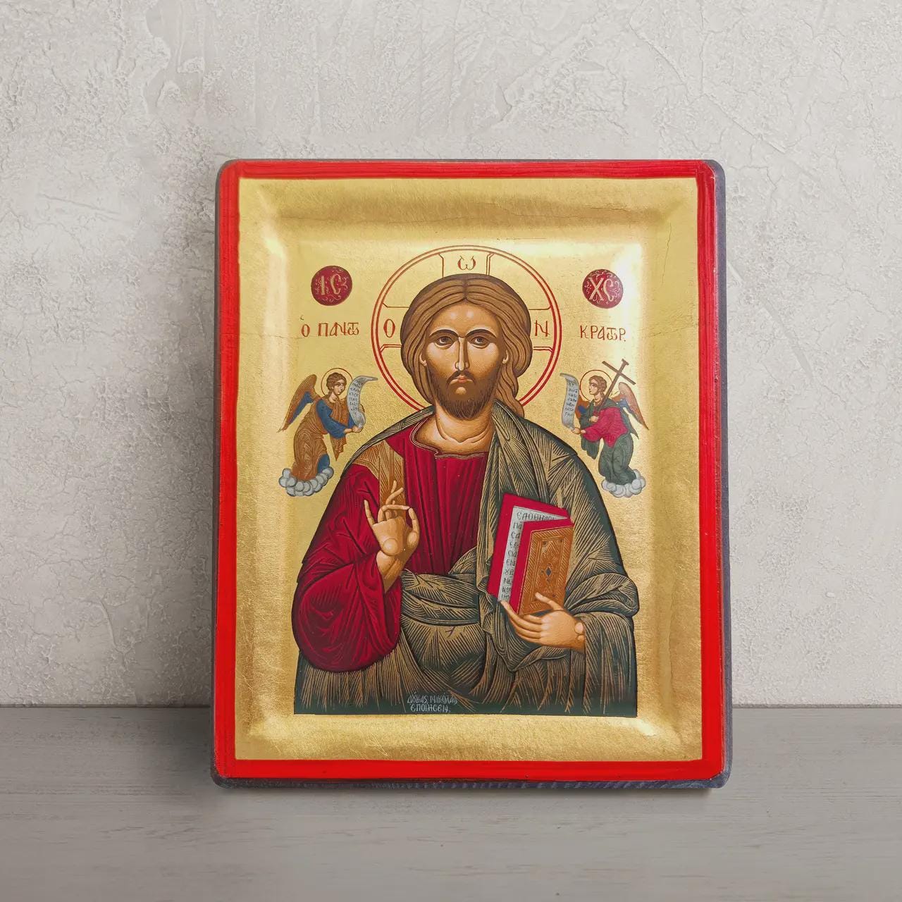Handmade 6.1×7.8 in Greek Icon of Jesus Christ, Cypress Wood Icon, Gold Leaf.