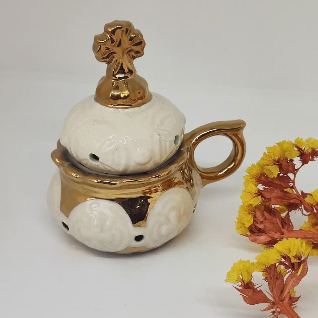 White Ceramic Incense Burner with Handle 4.3 in., Orthodox Censer, Christian Incense Holder