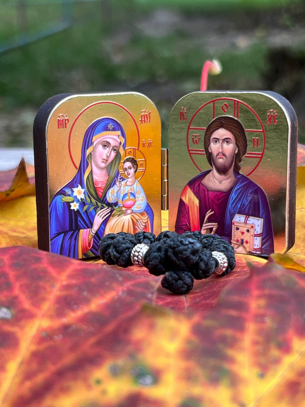 Travel prayer set: diptych icon of Jesus Christ and the Mother of God, 2x1.6 inches soutache finger rosary beads, 10 knots with a cross.