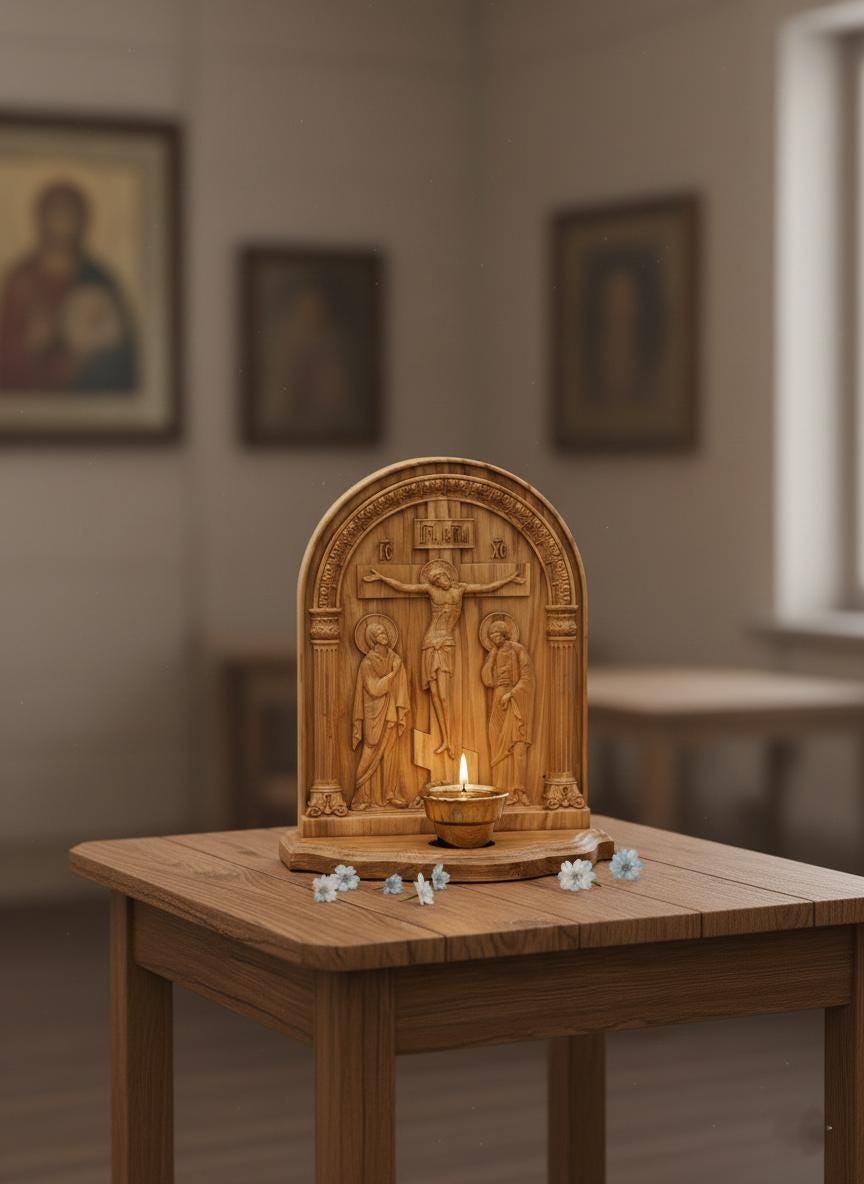 Wooden Golgotha 12 in, Carved Orthodox Icon With Lampada, Crucifixion Icon, Christian Home Decor