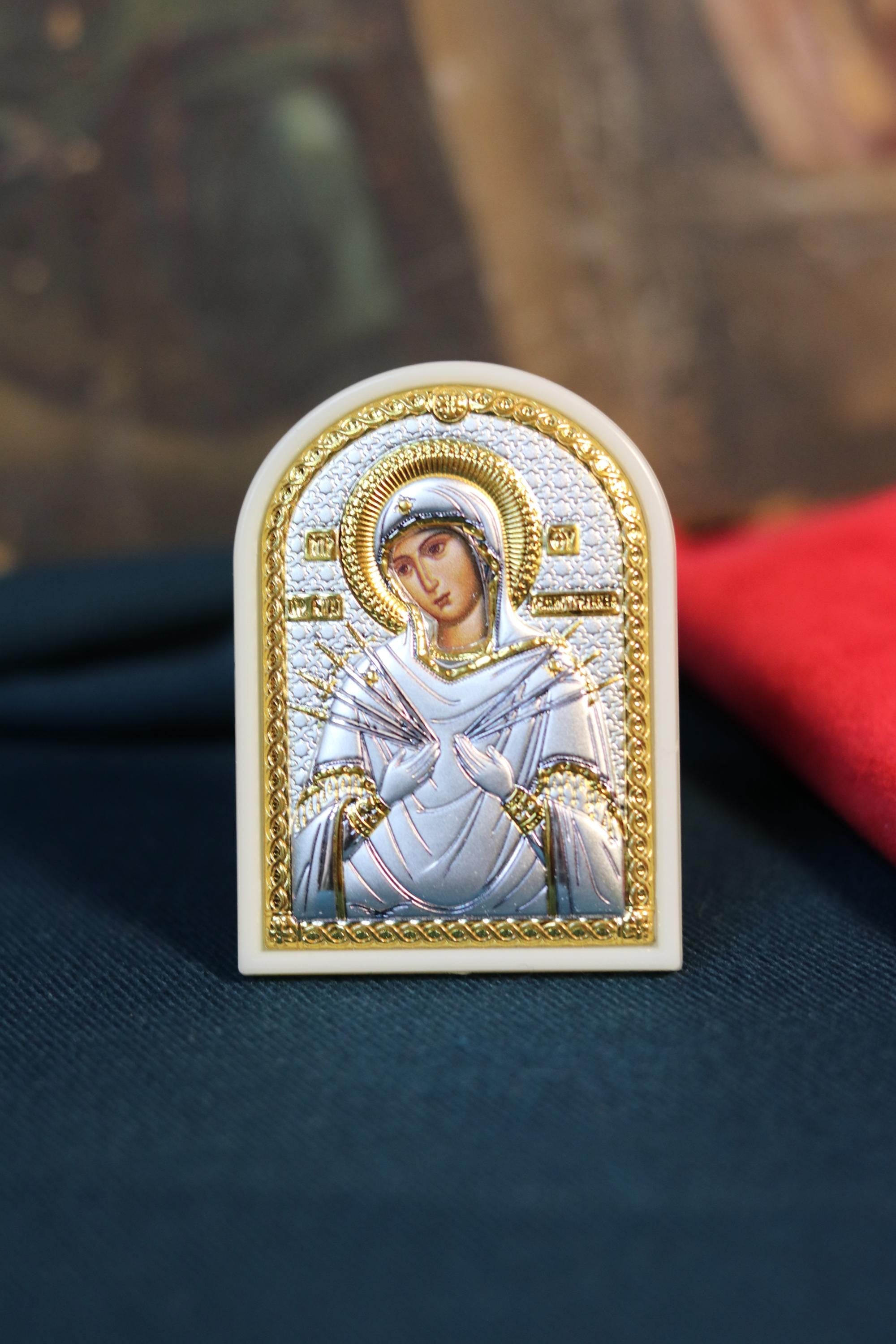 Mini Orthodox Icon of Virgin Mary "Softener of Evil Hearts" – 1.89 x 2.56 in – 925 Silver & Gold – Blessed Travel Icon – Handmade