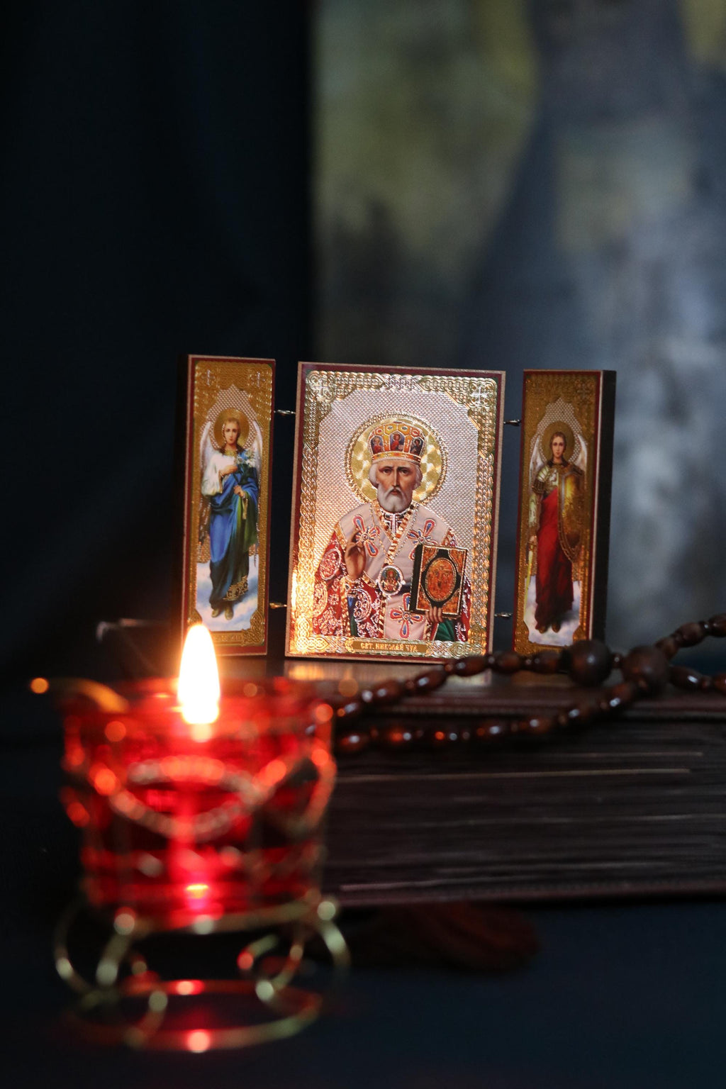 Wooden Orthodox Triptych Icon 3.5in, Saint Nicholas Icon, Travel Folding Icon