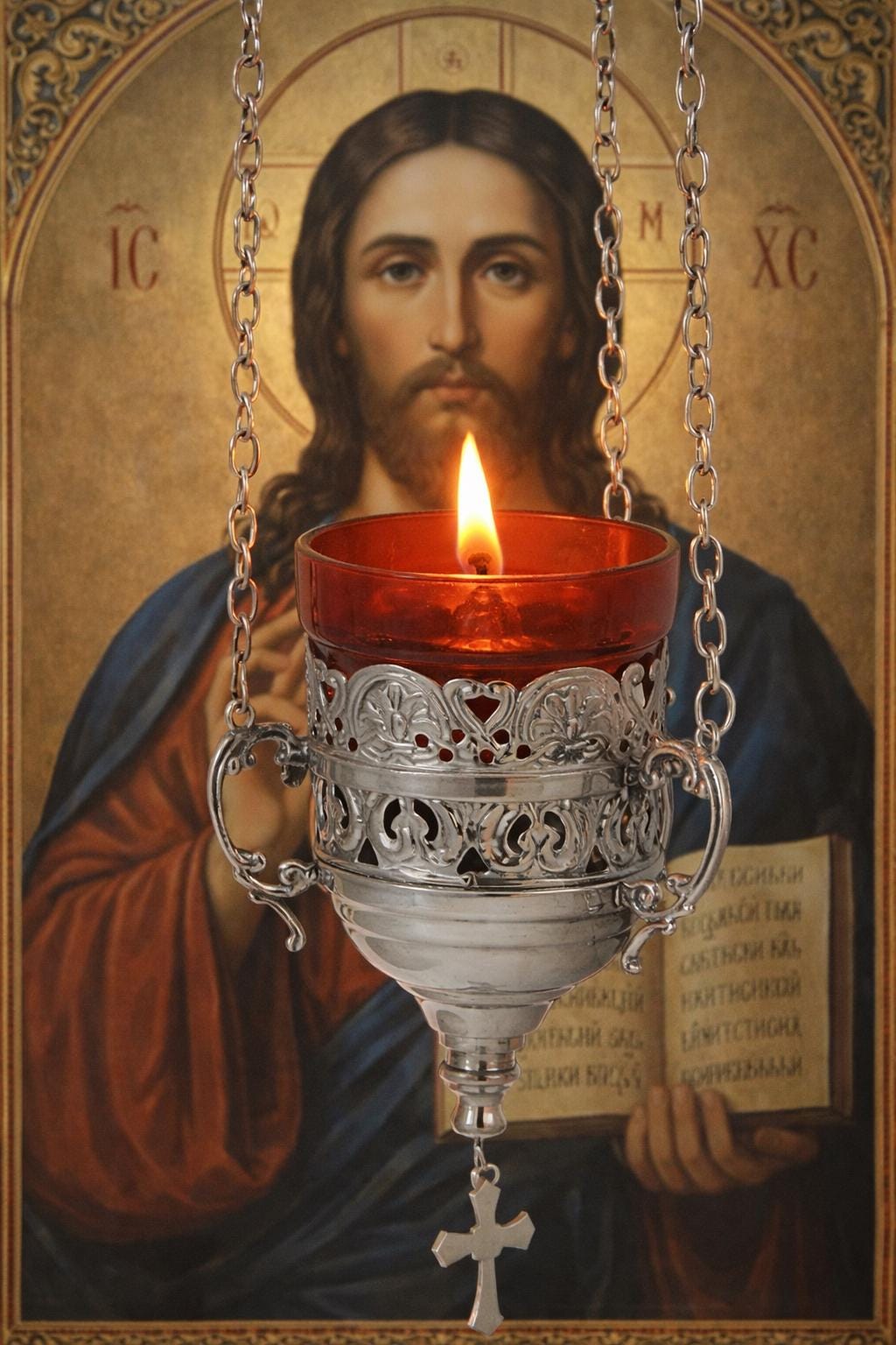 Orthodox Nickel Brass Vigil Hanging Oil Lamp 3.5 in.