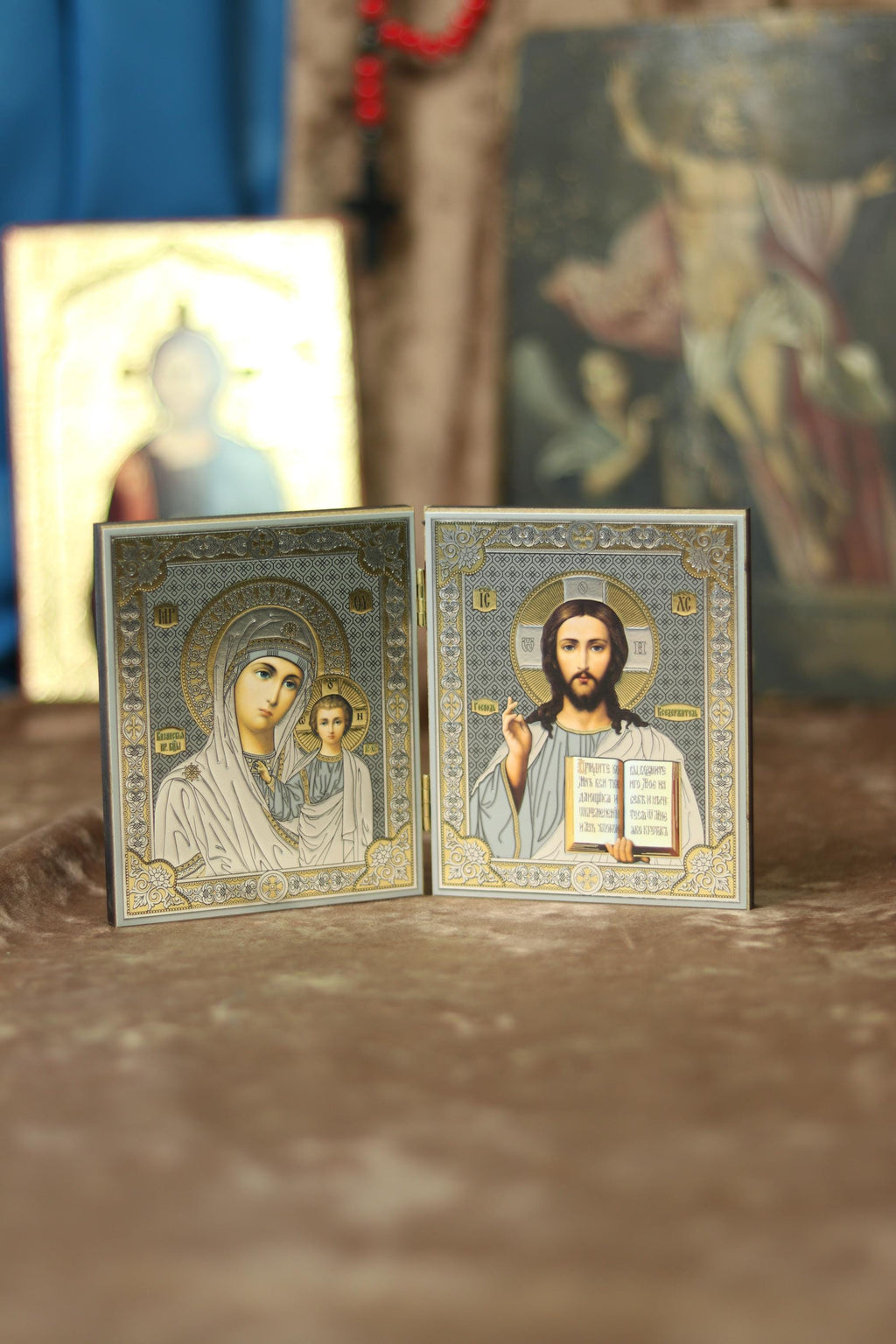Wooden Diptych 3.9×4.7 in/10×12 cm, Blessed Orthodox Icons, Mother of God, Christ Pantocrator.