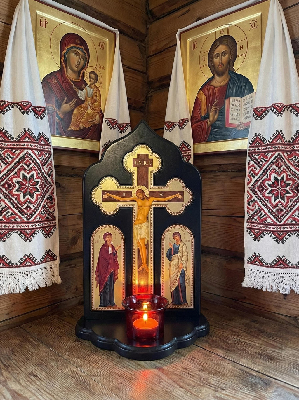 12in Wooden Orthodox Crucifix Candle Stand, Crucifix With Icons, Church Cross, Christian Decor, Prayer Corner Cross, Religious Gift