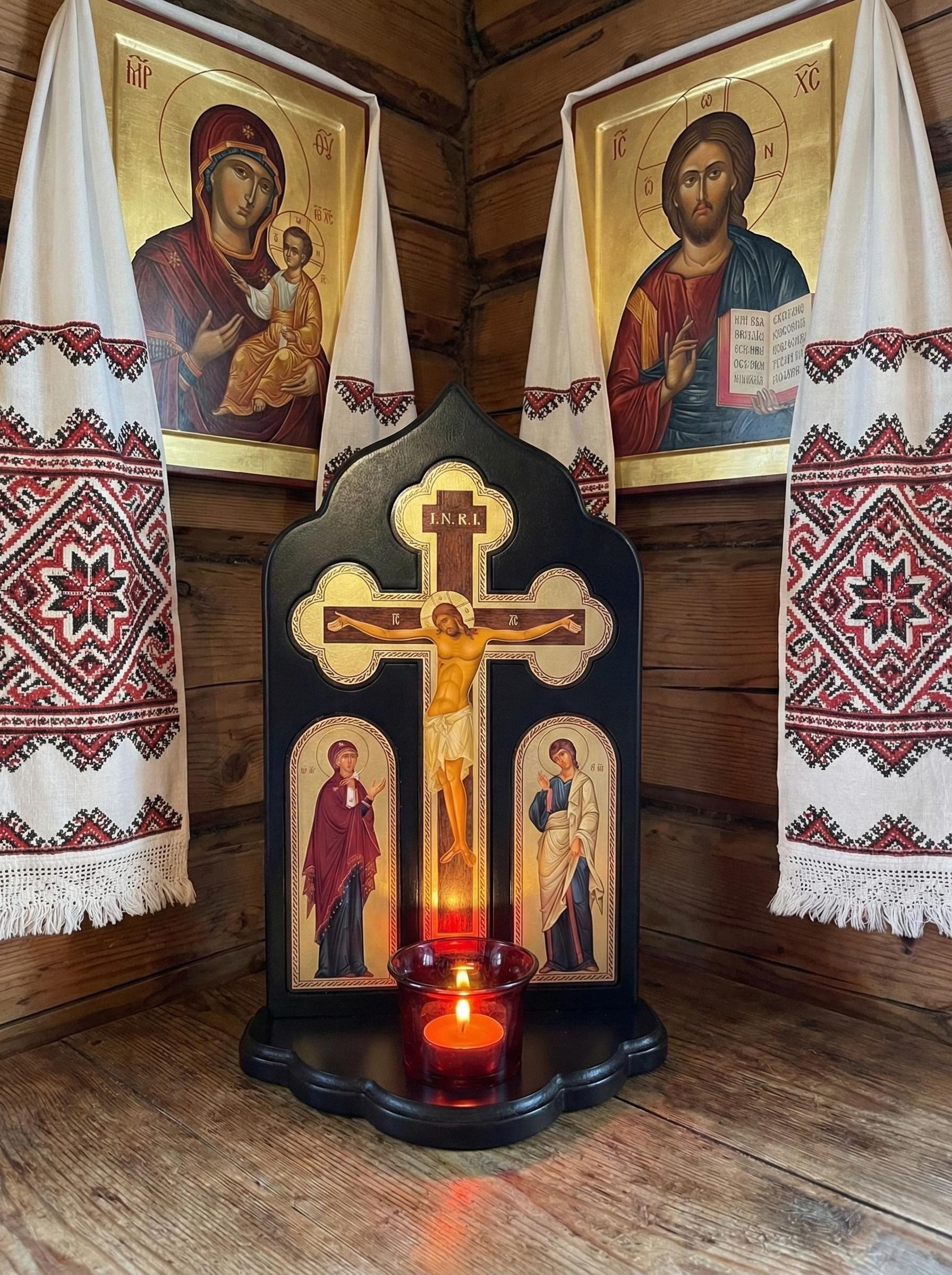 12in Wooden Orthodox Crucifix Candle Stand, Crucifix With Icons, Church Cross, Christian Decor, Prayer Corner Cross, Religious Gift