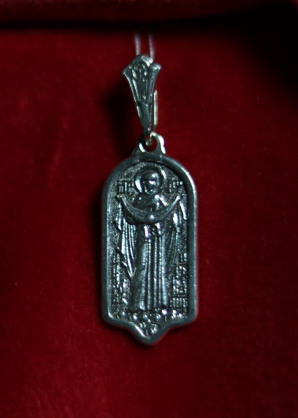 Sterling Silver 925 Orthodox Virgin Mary Pokrov Medal Pendant | 0.98×0.47 in | 3.55g | Blackened Christian Icon Jewelry, Greek orthodox