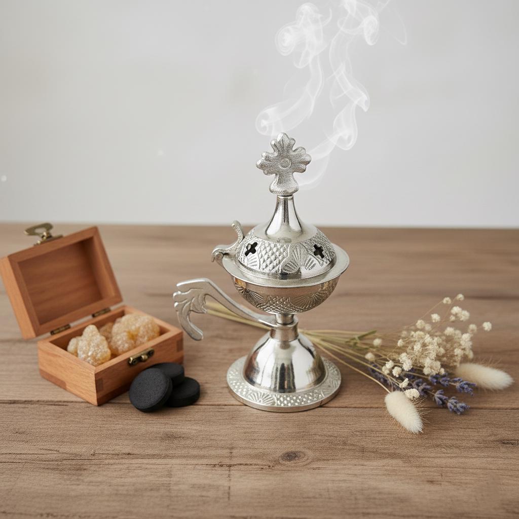 Small Silver Incense Burner 4.3in Set – Greek Orthodox Censer, 50g Greek Incense, 24mm Charcoal Tablets.