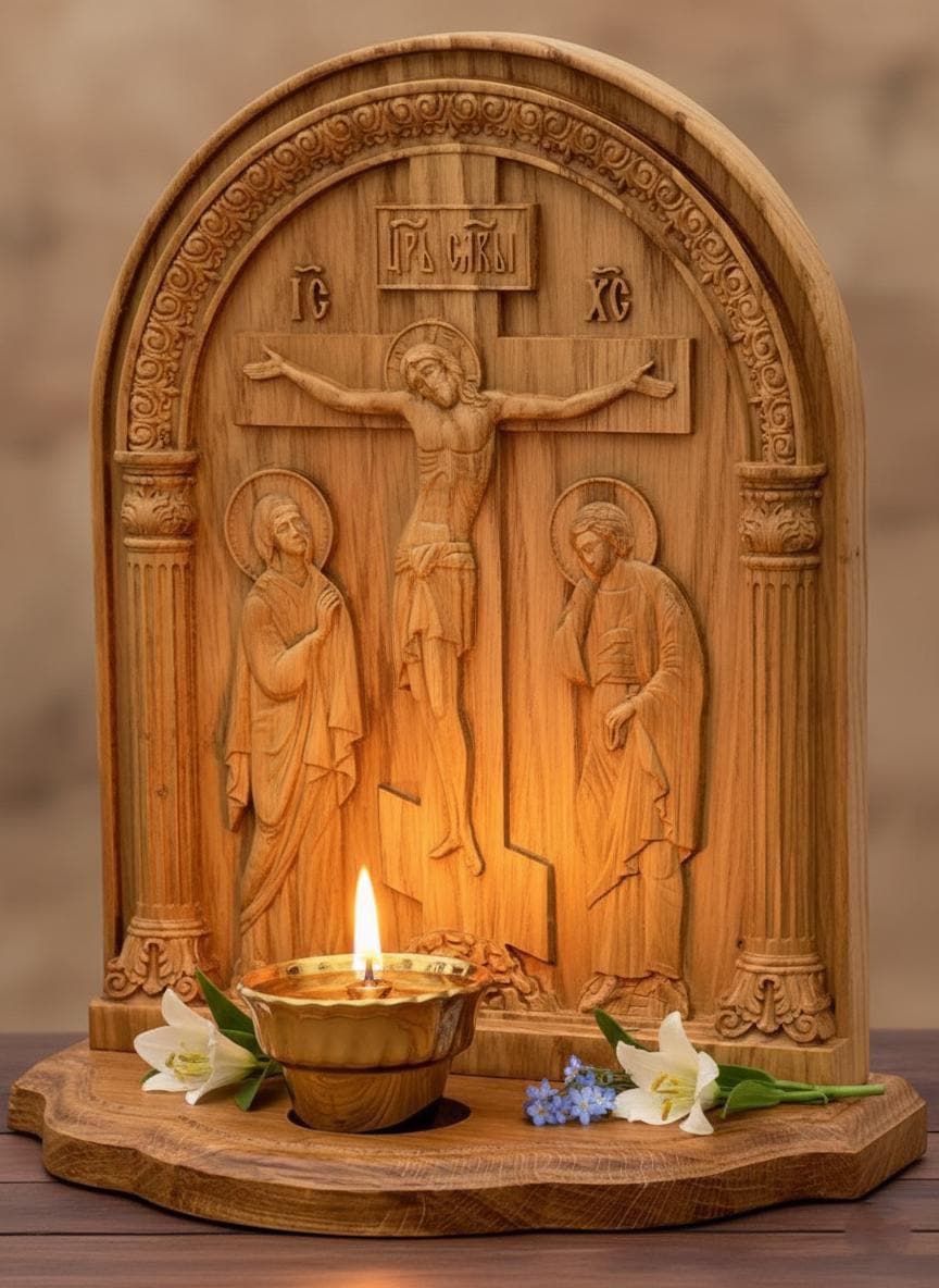 Wooden Golgotha 12 in, Carved Orthodox Icon With Lampada, Crucifixion Icon, Christian Home Decor