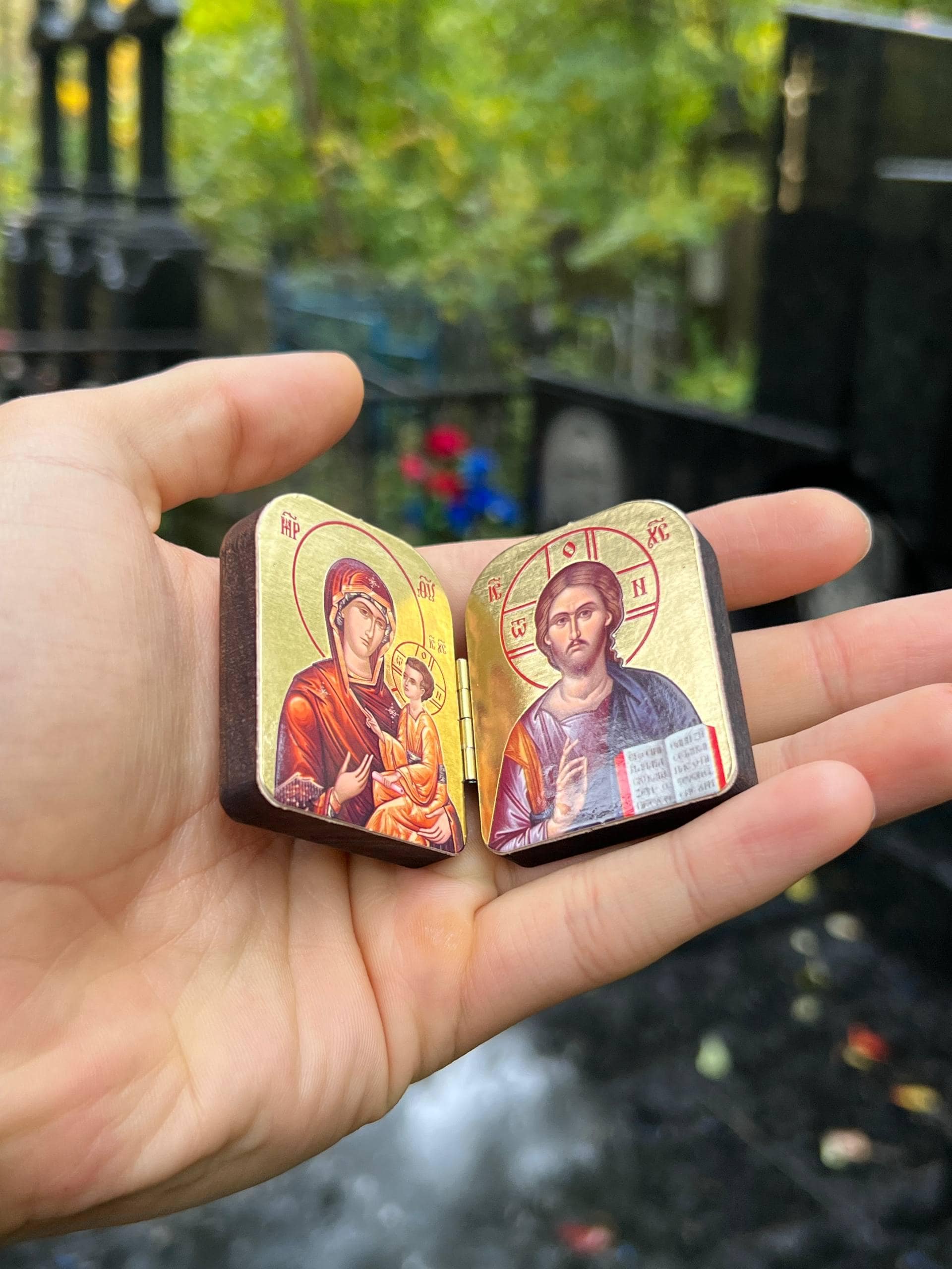 Wooden Orthodox Icon Diptych Virgin Mary Jesus Christ 1.8in Folding Icon