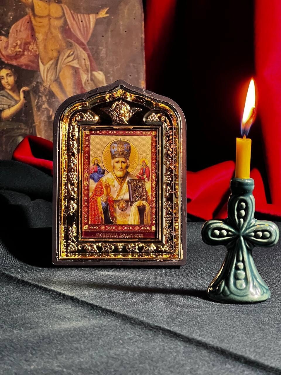 Icon in frame Nicholas the Wonderworker Myra, Icon with decoration, Orthodox icon, Lithography icon, Icon 10x14