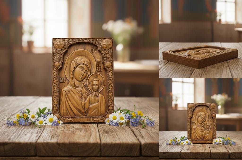 Wooden Icon 18x14 cm, Virgin Mary Icon, Orthodox Icon, God's Mother, Hanging Icon, Christian Wall Decor, Baptism Gift Boy, Godparent Gift