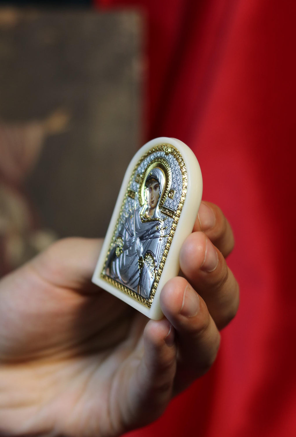 Mini Orthodox Icon of Virgin Mary "Softener of Evil Hearts" – 1.89 x 2.56 in – 925 Silver & Gold – Blessed Travel Icon – Handmade
