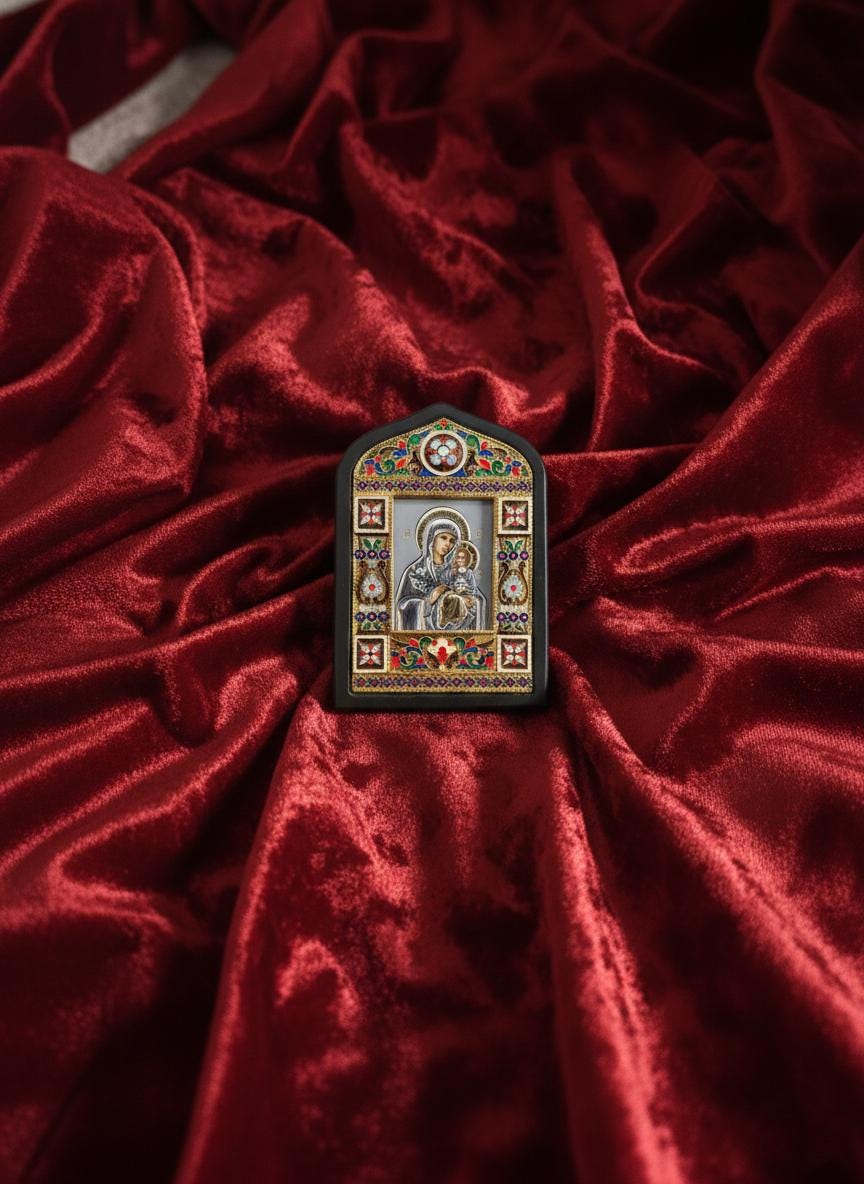 Icon Unfading Bloom Virgin Mary Metal Enamel Wood 4.5x3.1in