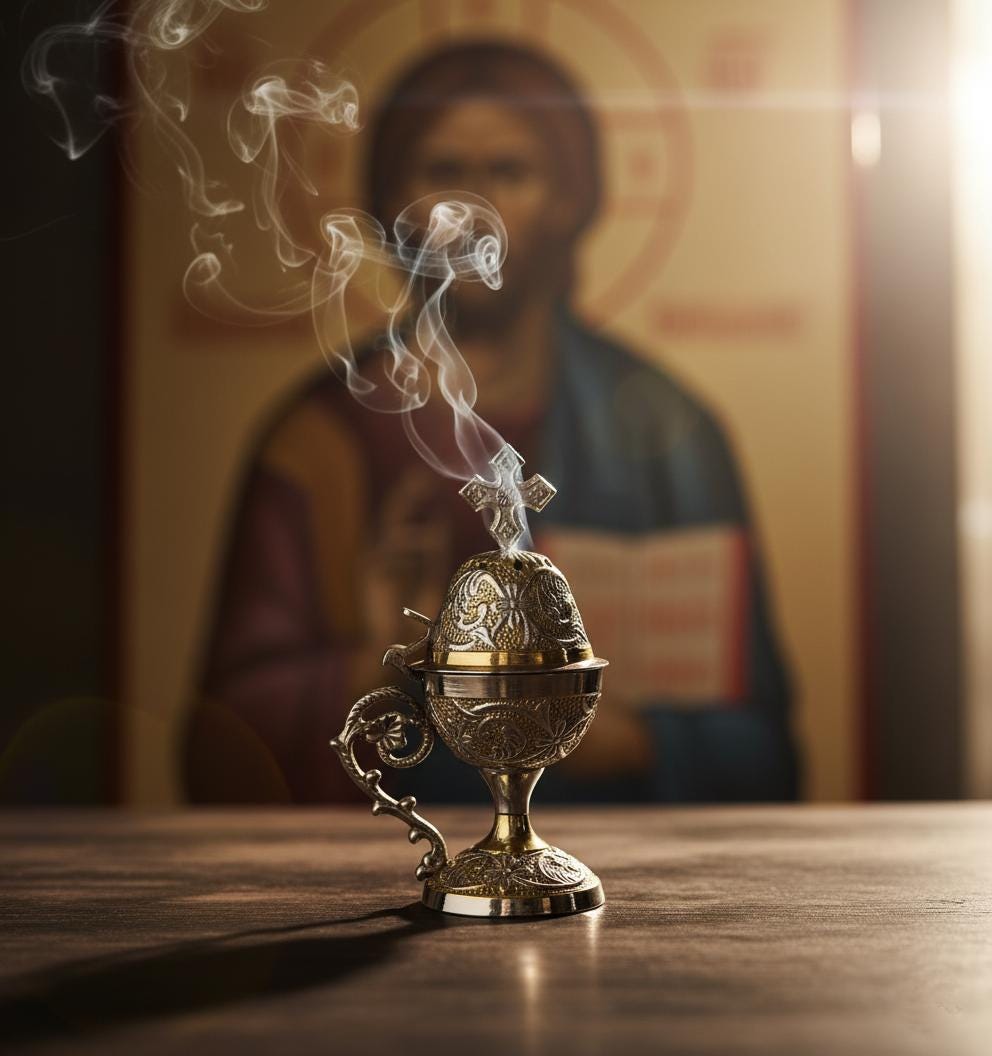 Orthodox Prayer Set: 5.5 in × 3.1 inch gold metal censer, 50 grams of incense, 6 charcoal tablets.