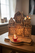 Wood Home Iconostasis 20 in, Stained and Lacquered, Orthodox Prayer Corner with Oil Lamp and Wicks, Jesus Christ Virgin Mary St Nicholas