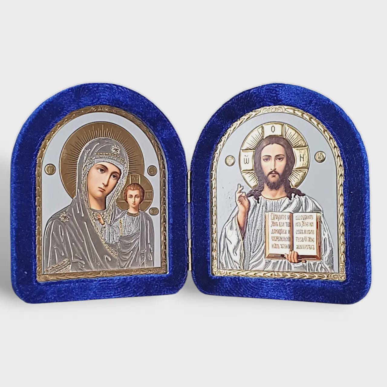 Blue Velvet Orthodox Folding Icon 8.7x5.1 in, Virgin Mary and Jesus Christ Diptych, Home Altar Decor, Religious Gift