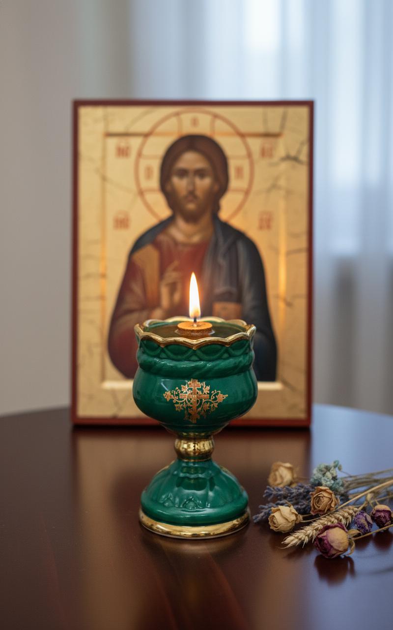 Christian green Ceramic Table Oil Lamp 5.5in. Set Includes: Lamp, floating wick, wick holder