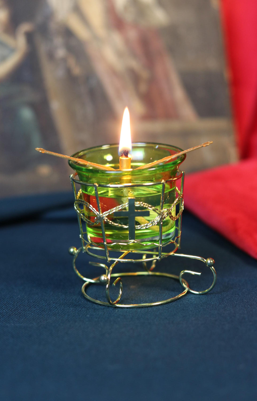 Green Glass Oil Lamp in Metal Stand 2in  – Orthodox Candle Holder for Prayer, Aromatherapy, Altar Decor, Christian Gift, Orthodox prayer