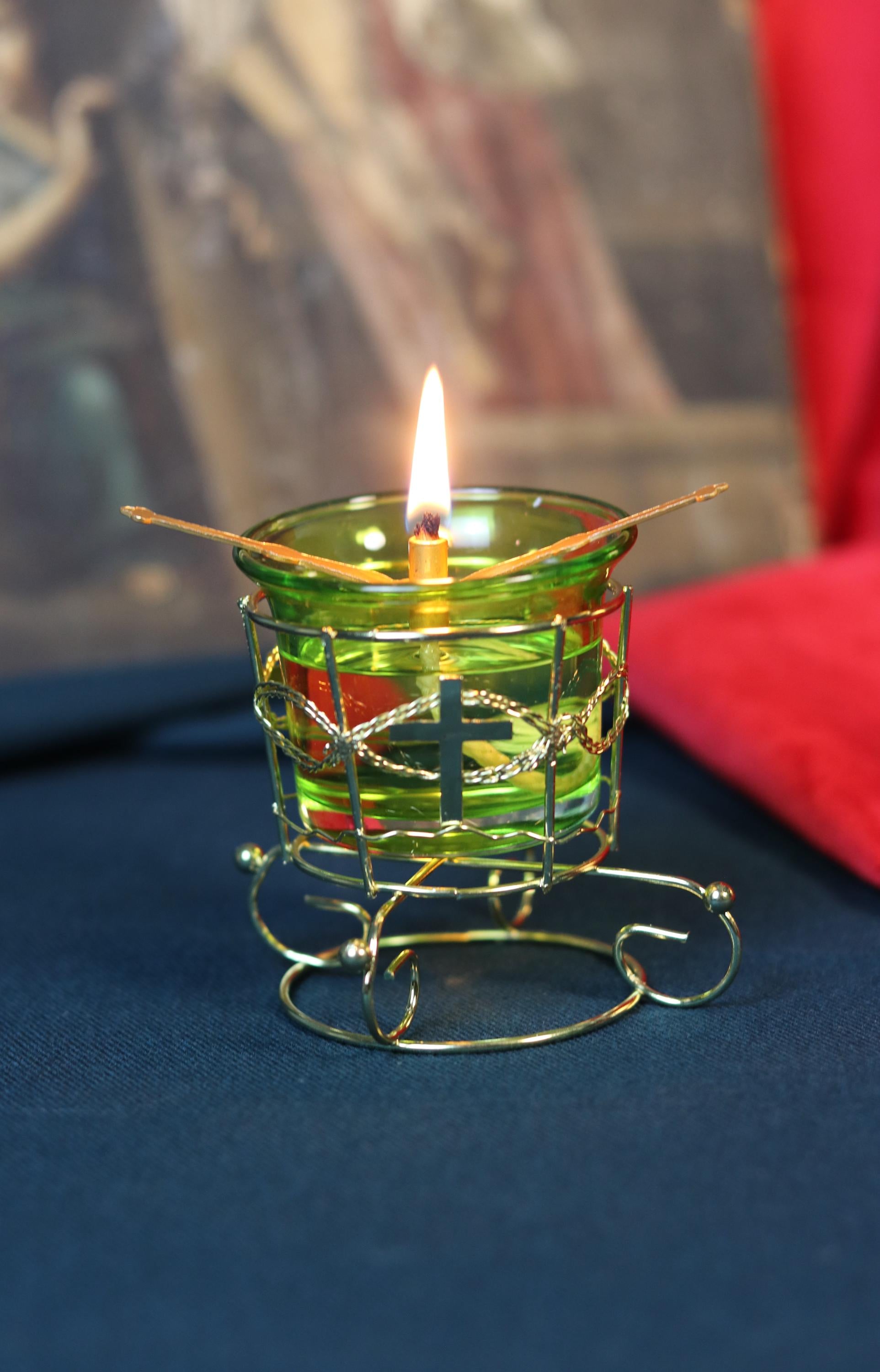 Green Glass Oil Lamp in Metal Stand 2in  – Orthodox Candle Holder for Prayer, Aromatherapy, Altar Decor, Christian Gift, Orthodox prayer
