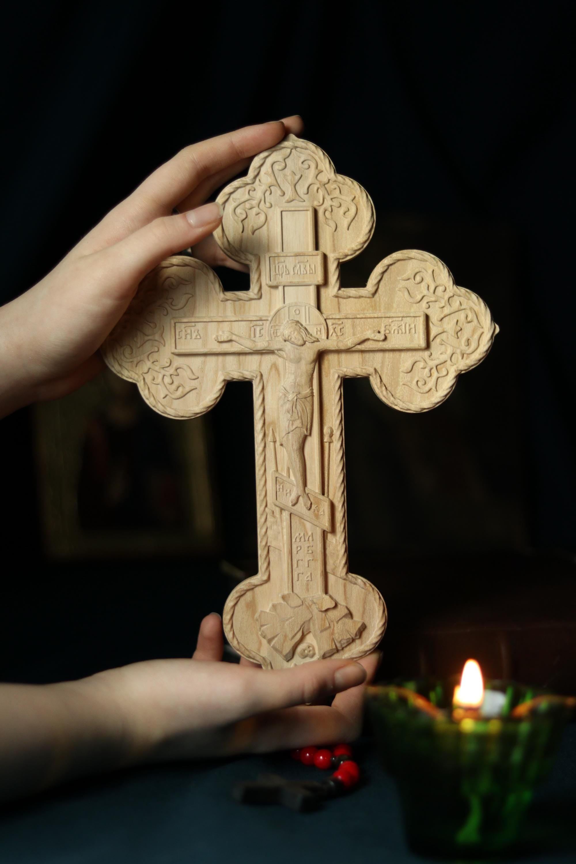 Wooden Orthodox Crucifix 11.8in, Beech Wood Cross, Cross of Lord Jesus Christ