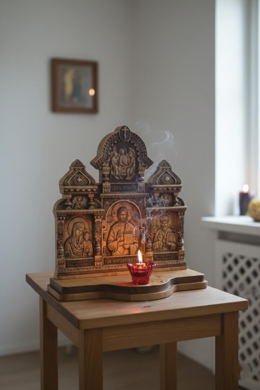 Wood Home Iconostasis 20 in, Stained and Lacquered, Orthodox Prayer Corner with Oil Lamp and Wicks, Jesus Christ Virgin Mary St Nicholas