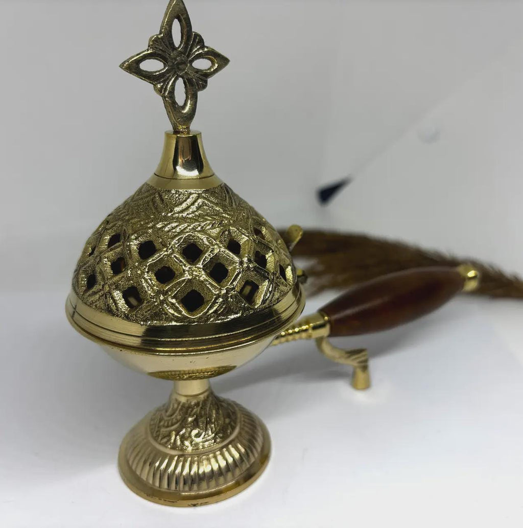 Incense Burner 5.9in Metal Censer Wooden Handle, Orthodox Censer, Religious Decor