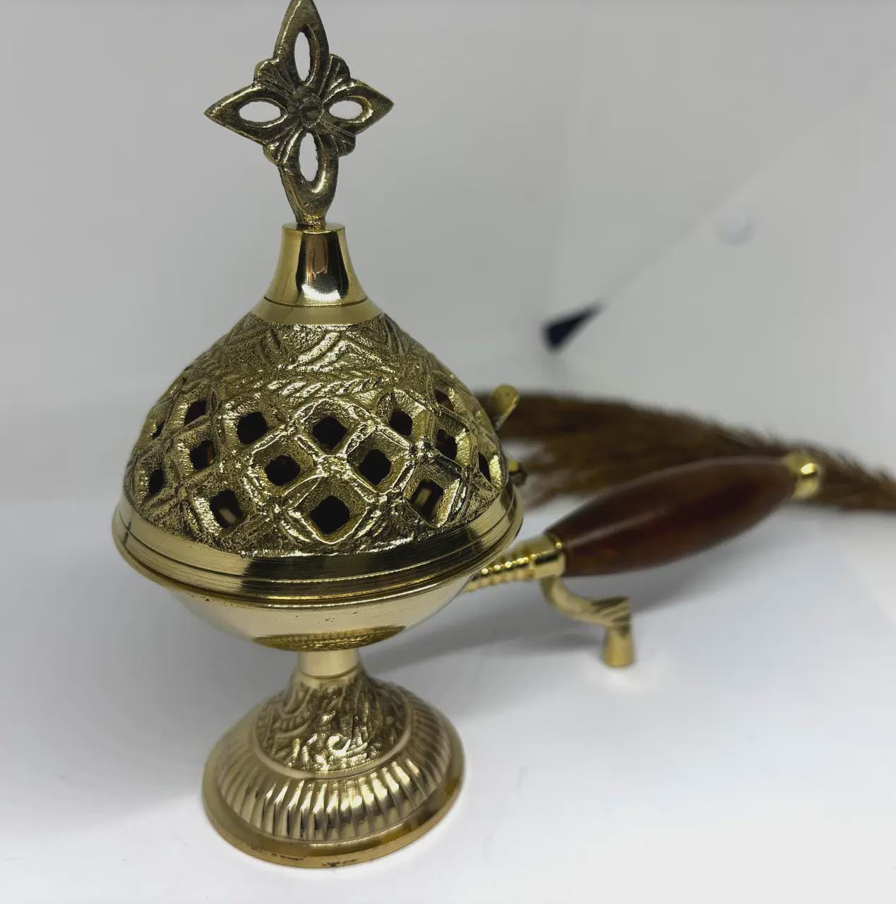Incense Burner 5.9in Metal Censer Wooden Handle, Orthodox Censer, Religious Decor