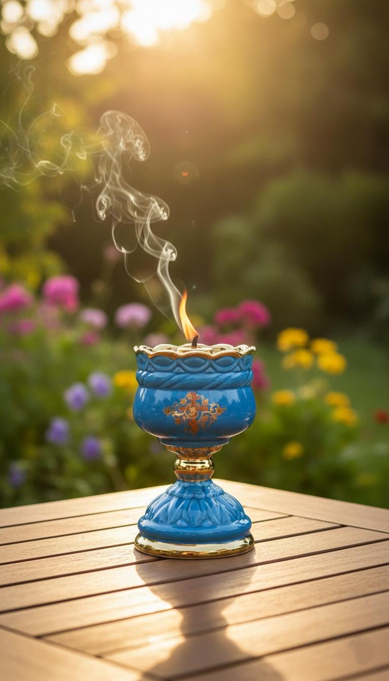 Ceramic Table Oil Lamp 5.5in Blue. Set includes: Lamp body, glass insert, float, 10 wicks