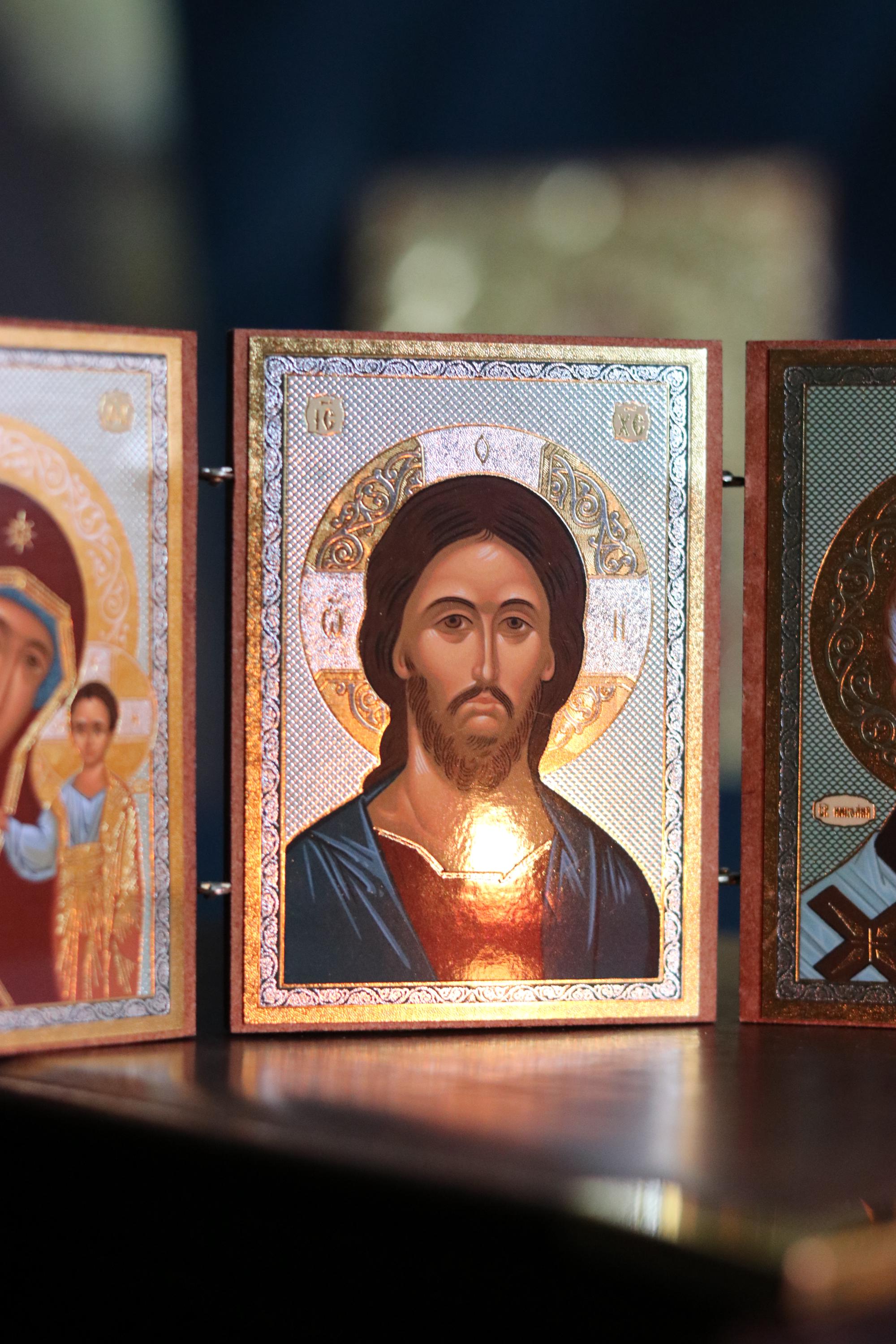 Wooden Orthodox Triptych Icon 3.5in, Virgin Mary Jesus And Saint Nicholas, Folding Travel Icon