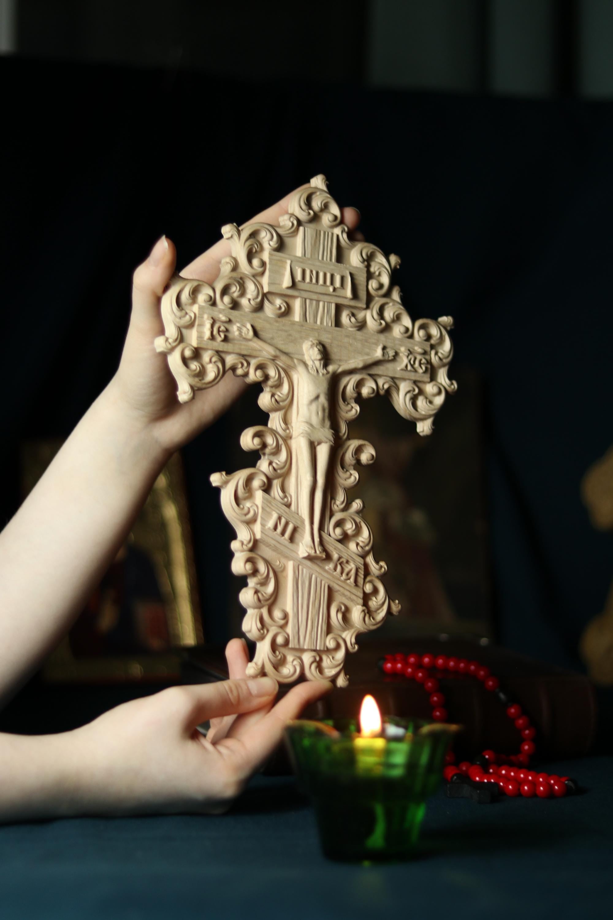 12in Beech Wood Crucifix, Hand Carved Wooden Cross, Cross of Lord Jesus Christ, Christian Cross, Orthodox Cross, Wall Cross