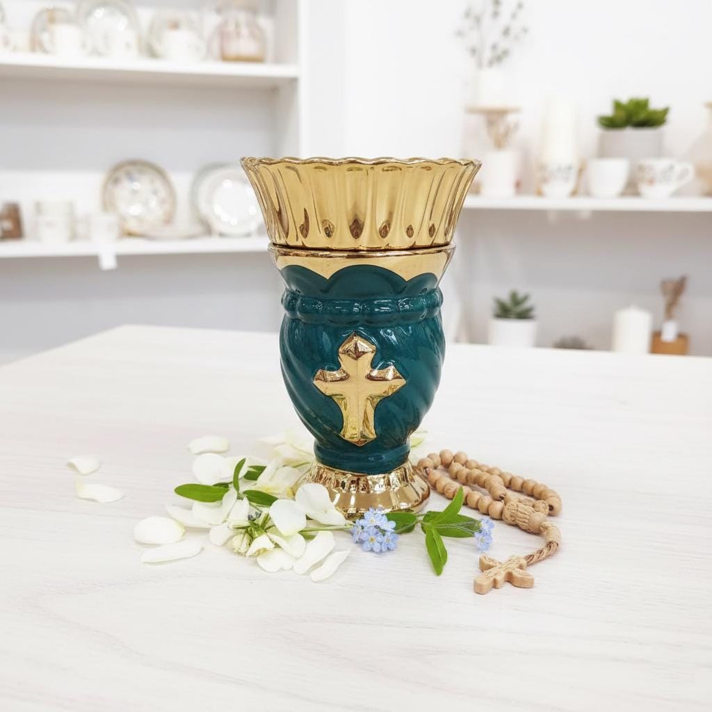 Blue Glass & Metal Table Lamp 2.56×4.53 in, Orthodox Lamp, Icon Lamp, Oil Lamp, Prayer Light, Religious Decor